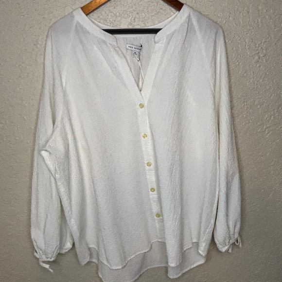 Free Assembly White Gathered Button Down Cotton Long Sleeve Top Women's … - Picture 3 of 14